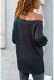 Kadın Siyah Kayık Yaka Salaş Ajurlu İnce Örme Bluz GK-BST2977