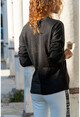 Kadın Siyah Kendinden Desenli Bloklu V Yaka Bluz GK-BST2937