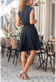 Kadın Siyah Kendinden Kemerli Çift Cep Kiloş Keten Gömlek Elbise GK-BSTW2945