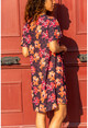 Kadın Siyah-Kırmızı V Yaka Düğmeli Çiçekli Elbise BST2615