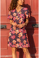 Womens Black-Red V-Neck Buttoned Floral Dress BST2615