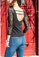 Womens Black Sleeves Lace Boat Neck Blouse BSTT4006-1840