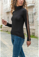 Womens Black Sleeves Tulle Striped Turtleneck Blouse BSTT4006-1890