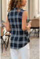 Womens Black Sleeveless Square Pattern Special Textured Shirt GK-BST2878K