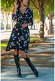 Kadın Siyah Kruvaze Çiçekli Kloş Elbise BST30kT4008-1480
