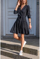 Womens Black Double Breasted Belted Kleated Dress GK-TD1993