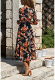 Kadın Siyah Kruvaze Yaprak Desenli Kiloş Elbise GK-URZ102