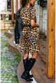 Womens Black-Leopard V-Neck Belted Lined Chiffon Dress BST2189