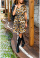 Kadın Siyah-Leopar V Yaka Kemerli Astarlı Şifon Elbise BST2189