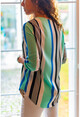 Womens Black Blue Collar Slit Striped Crepe Blouse GK-BST2752