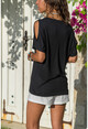 Kadın Siyah Omuz Dekolteli T-Shirt GK-JR215