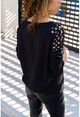 Kadın Siyah Omuz Detaylı Bağlamalı Sweatshirt GK-SVN3