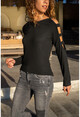 Womens Black Shoulder Detailed Soft Textured Sweater GK-BST3002