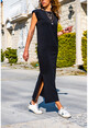 Kadın Siyah Omzu Vatkalı Yırtmaçlı Uzun Salaş Basic Elbise GK-TD1989