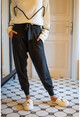 Womens Black Loose Knitwear Sweatpants With Elastic Legs, Self Belted Pockets GK-DM1379