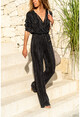 Womens Black Pleated Double Breasted Jumpsuit GK-TD400