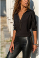 Kadın Siyah Polo Yaka Bluz Gk-BSTM2749