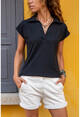 Kadın Siyah Polo Yaka Kaşkorse T-Shirt GK-BSTW2879