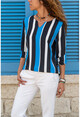 Womens Black-Sax Neck Slit Striped Crepe Blouse GK-BST2841