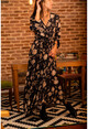 Kadın Siyah-Sarı Çiçekli Kruvaze Krep Elbise BST30k2720
