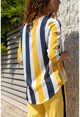Kadın Siyah-Sarı Yakası Yırtmaçlı Çizgili Krep Bluz GK-BST2841