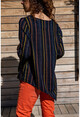 Kadın Siyah-Sarı Yıkamalı Keten Asimetrik Kesim Yarım Pat Cepli Bluz GK-RSD2033