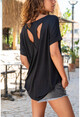 Kadın Siyah Sırtı Atlet Detaylı Salaş T-Shirt GK-JR220