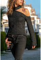 Womens Black One Shoulder Decollete Silvery Sweater GK-BST30k2753