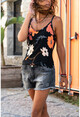 Kadın Siyah-Turuncu Desenli Askılı Krep Bluz GK-BST2845