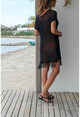 Womens Black V-Neck Openwork Tasseled Dress GK-ES104