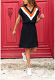 Kadın Siyah V Yaka Bloklu Beli Lastikli Elbise GK-BST2855