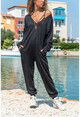 Womens Black V-Neck Pocketed Loose Baggy Baggy Overalls GK-CCK10-01