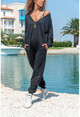 Womens Black V-Neck Pocketed Loose Baggy Baggy Overalls GK-CCK10-01