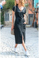 Womens Black V-Neck Buttoned Pocket Dress BSTH5021