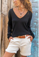 Womens Black V-Neck Slim Knitted Basic Sweater GK-JR225