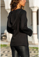 Womens Black V-Neck Hooded Pullover Gk-BSTM2751