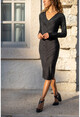 Kadın Siyah V Yaka Kendinden Simli Slim Elbise GK-BST3015