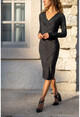 Womens Black V-Neck Self-Glitter Slim Dress GK-BST3015