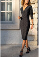 Kadın Siyah V Yaka Kendinden Simli Slim Elbise GK-BST3015
