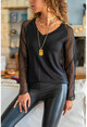 Womens Black V-Neck Sleeves Mesh Blouse GK-BST30kT4006-1880