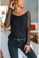 Womens Black V-Neck Sleeve Tulle Polka Dot Blouse GK-CCKBİST4007-1110