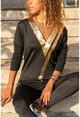 Womens Black V-Neck Foil Printed Soft Textured Sweater GK-MRL4