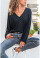 Womens Black V-Neck Slanting Loose Blouse GK-BST2969