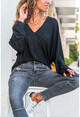 Womens Black V-Neck Slanting Loose Blouse GK-BST2969