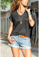 Kadın Siyah V Yaka Yarasa Kol Basic T-Shirt GK-JR211