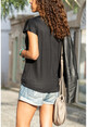 Kadın Siyah V Yaka Yarasa Kol Basic T-Shirt GK-JR211