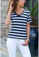 Womens Black Collar Lace V-Neck Striped T-Shirt BSTT4011-1250