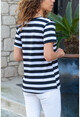 Womens Black Collar Lace V-Neck Striped T-Shirt BSTT4011-1250