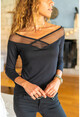 Womens Black Collar Double Breasted Tulle Detailed Blouse GK-BST30kT4009-5220