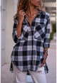 Kadın Siyah Yanı Düğmeli Püsküllü Ekose Kaşe Gömlek GK-AYN1793